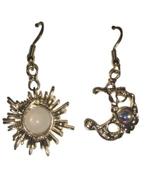 “Bohemian Astrology” Sun Moon Gold Wire Wrapped Celestial Stone Mismatch Dangles
